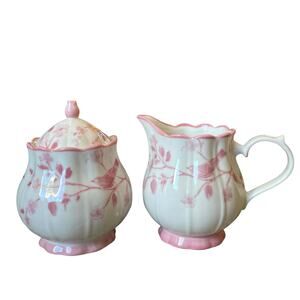 Grace Teaware Fine Porcelain Creamer & Sugar Bowl Pink White Floral Bird New